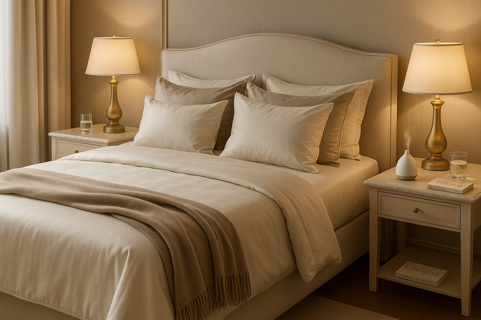 Luxurious beige bedroom with plush bed, soft pillows, cozy blanket, elegant lamps, and bedside tables