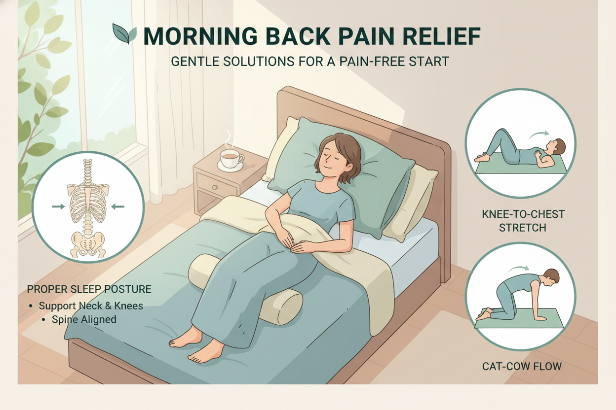 Illustration of morning back pain relief with proper sleep posture and stretches like knee-to-chest and cat-cow flow