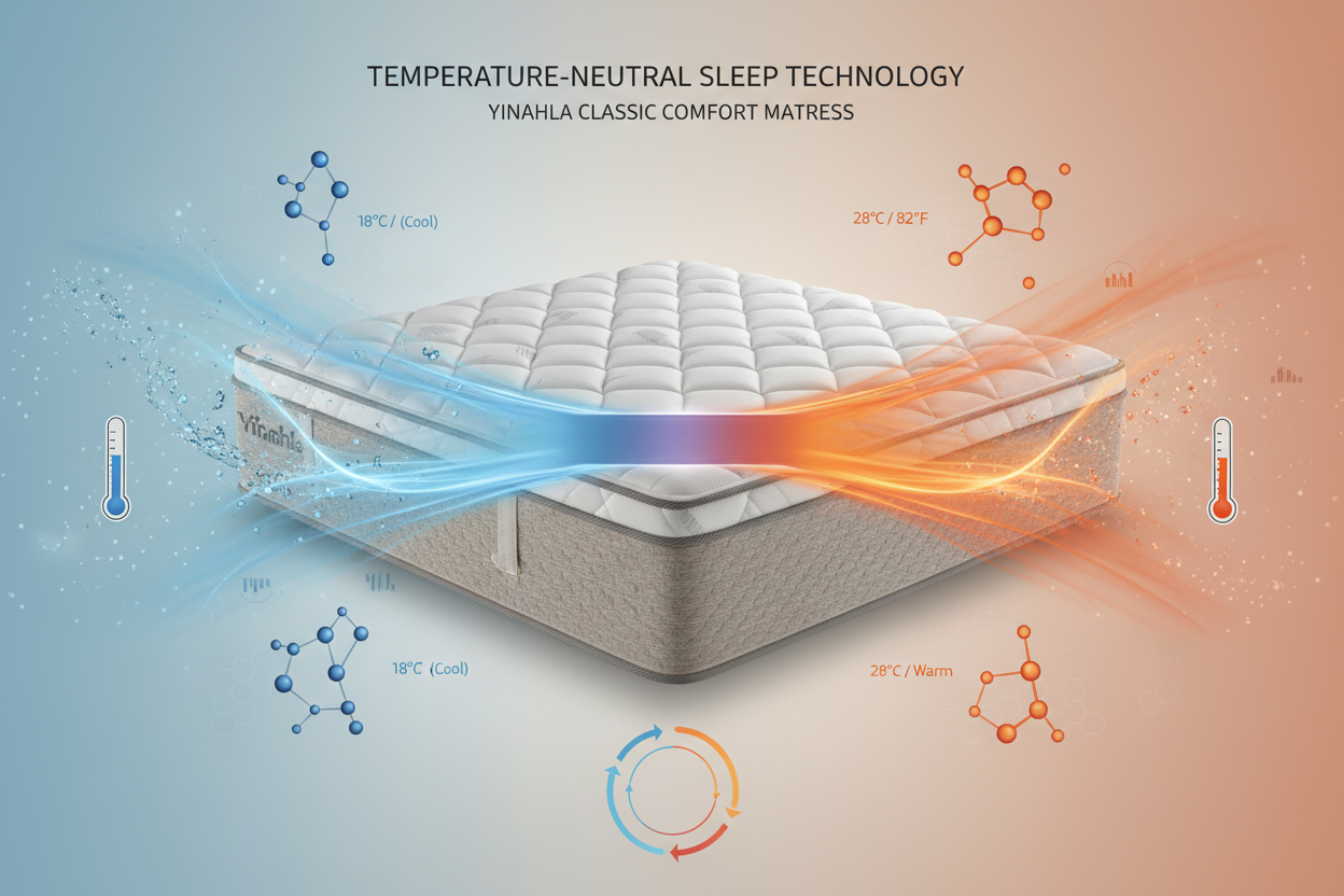 Yinahla Classic Comfort mattress demonstrating temperature-neutral sleep technology with cool 18°C and warm 28°C airflow