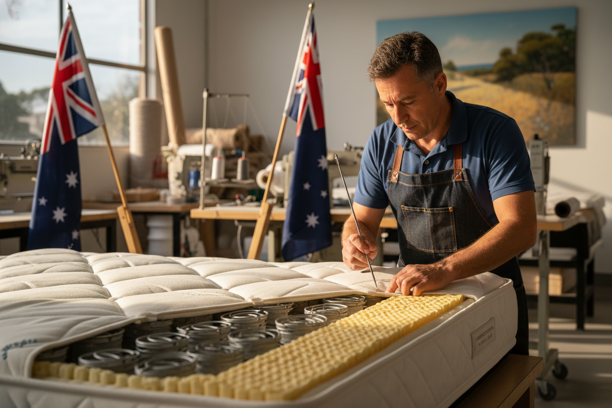 Australian craftsman assembling mattress springs and foam in workshop with Australian flags