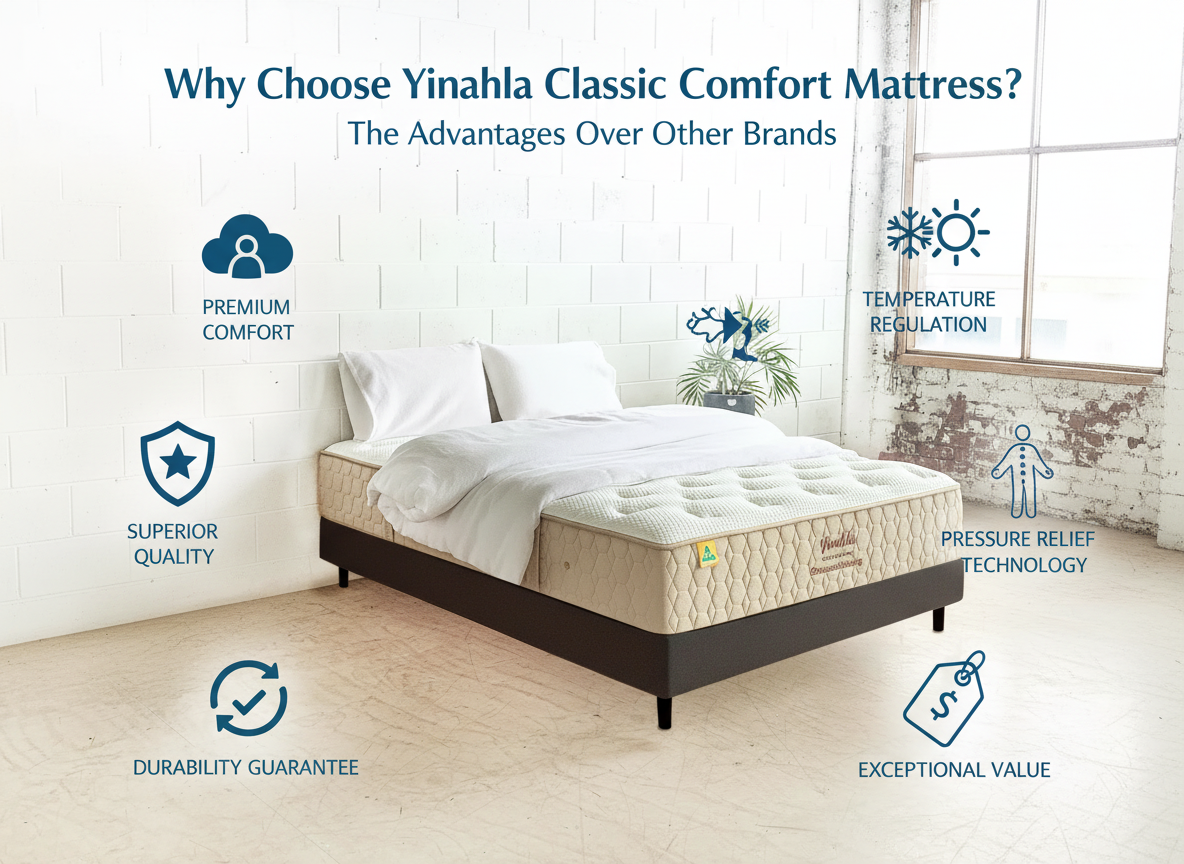 Yinahla Classic Comfort mattress on black bed frame in bright room highlighting premium comfort, quality, durability, temperature regulation, pressure relief, and value