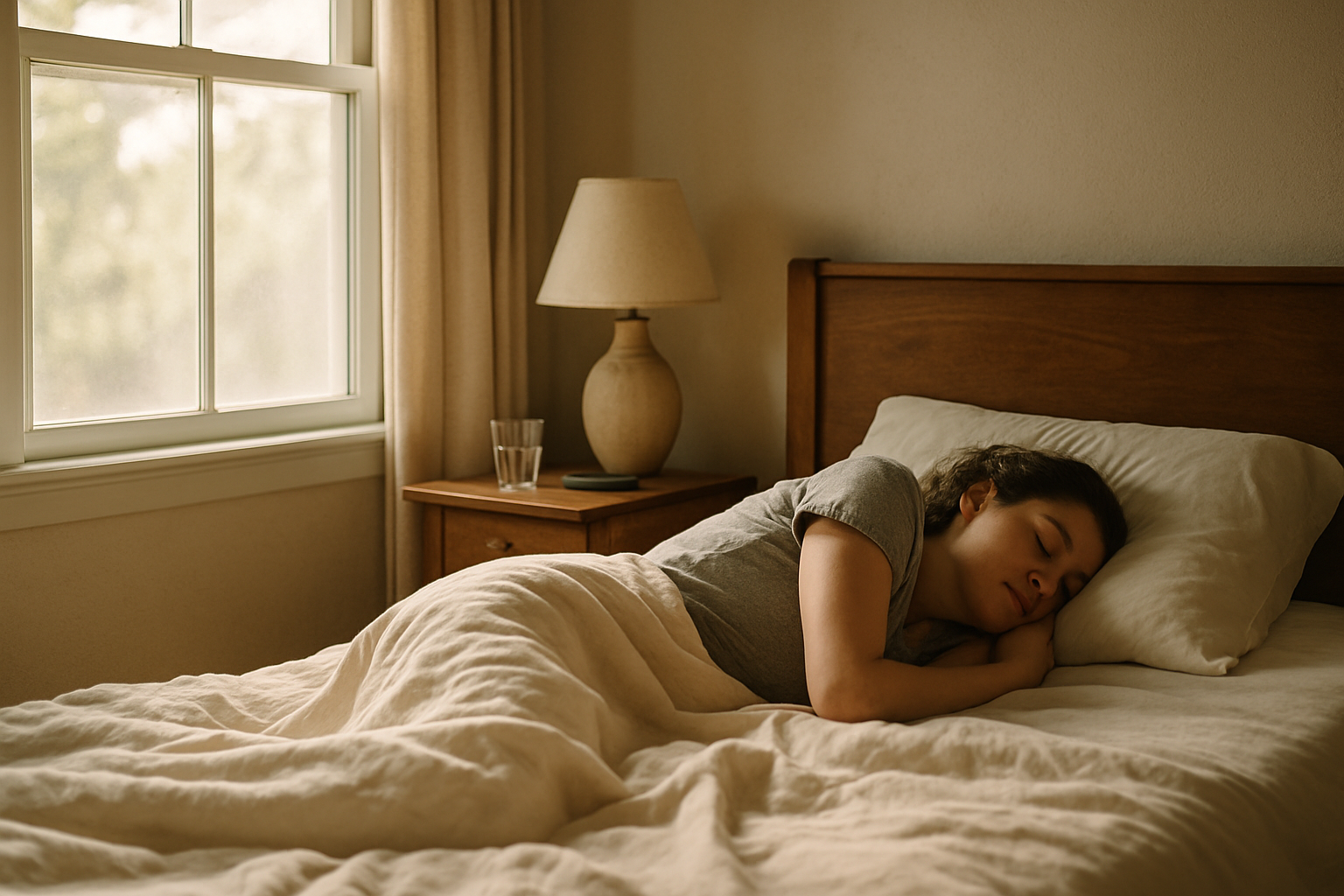 Woman sleeping peacefully in cozy bed with beige bedding in warm, softly lit bedroom