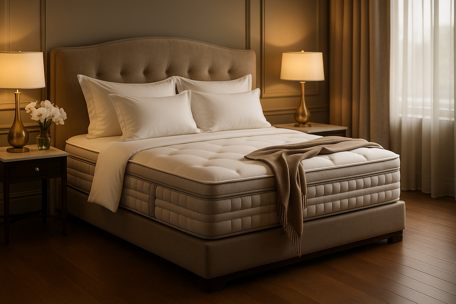 Luxurious bedroom with a premium beige mattress, tufted headboard, white pillows, and warm lighting