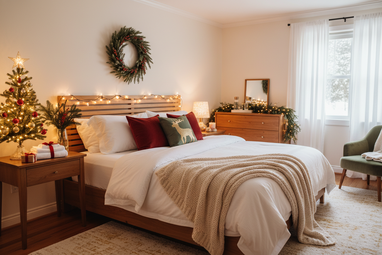Cozy guest bedroom decorated for Christmas with lit tree, wreath, string lights, and festive pillows