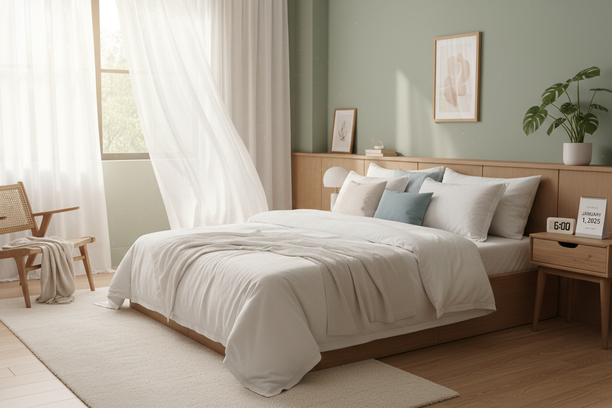 Calm bedroom with neatly made bed, soft white linens, pastel pillows, green wall, and natural light