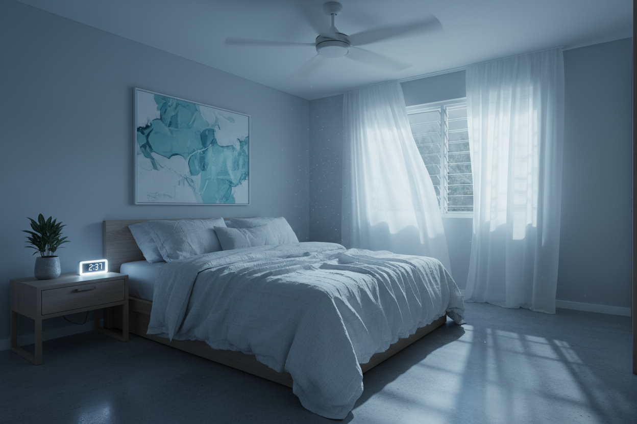 Cool and airy bedroom with white bedding, a ceiling fan, and sheer curtains blowing at open window