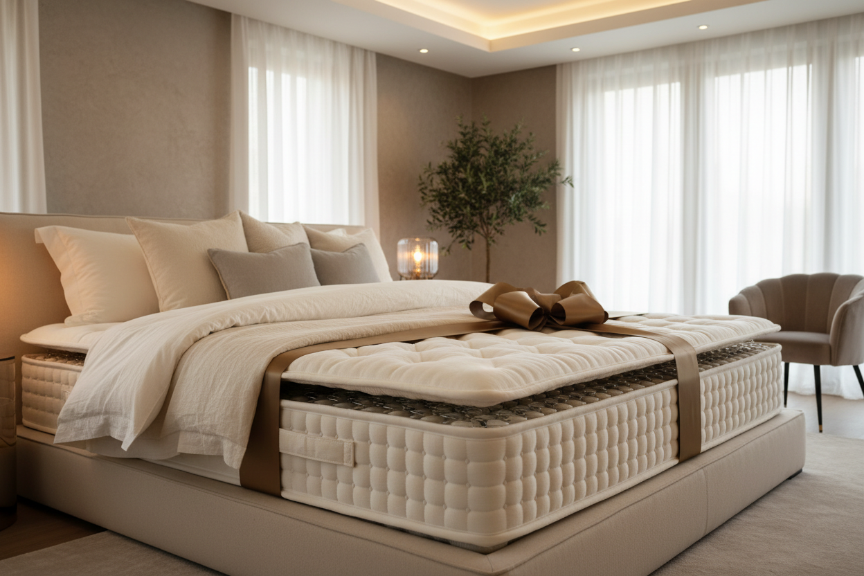 Luxury mattress with thick cushioning and ribbon in elegant bedroom with soft neutral tones