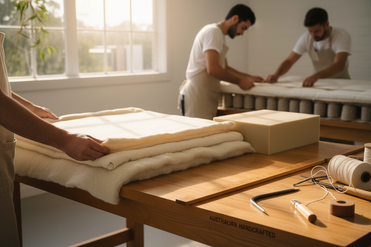 Craftsmen in aprons handcrafting Australian mattresses with natural wool and spring coils in a sunlit workshop